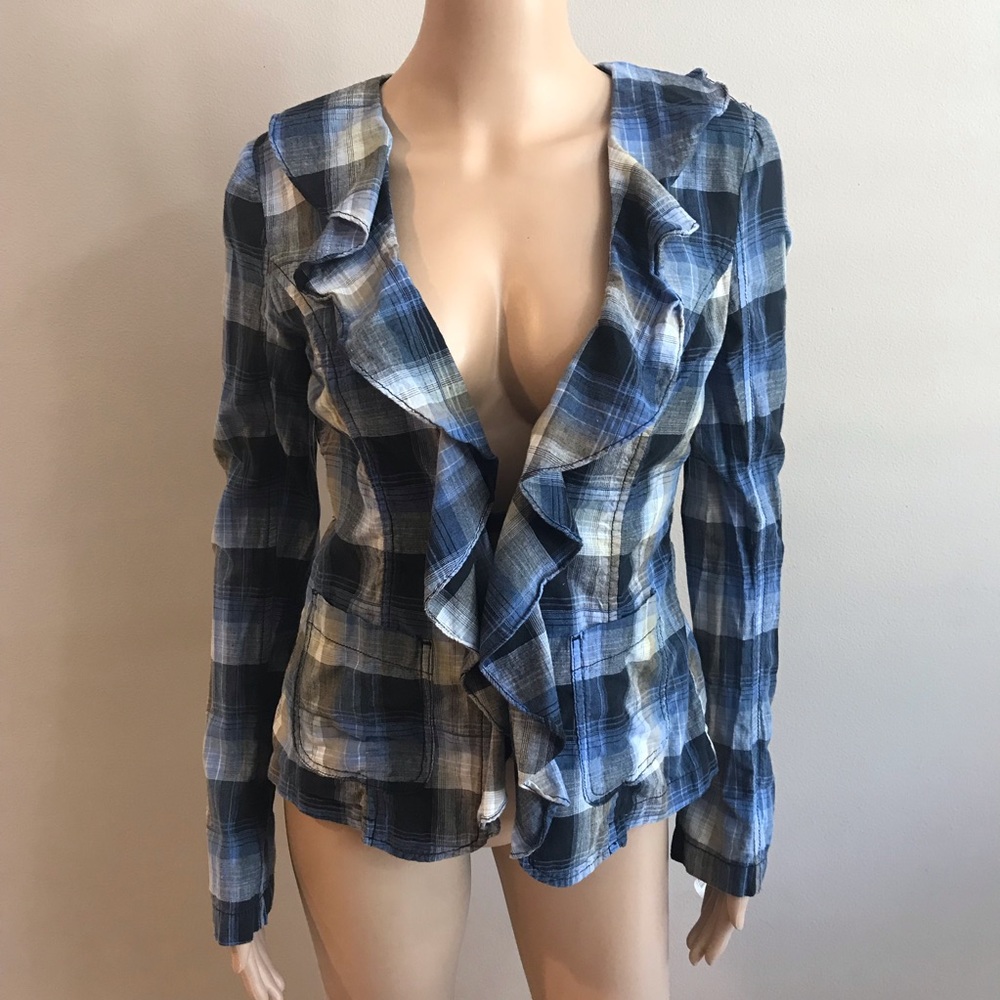 Free people blazer shirt Plaid Blue brown Sz 2